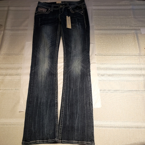 Grace In LA NEW Embellished Jewel Stud Bead Mesh Slim Bootcut Jeans Denim Womens - Picture 2 of 16